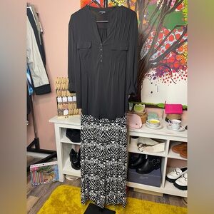 Elegant Black Blouse with Geometric wide leg pants.